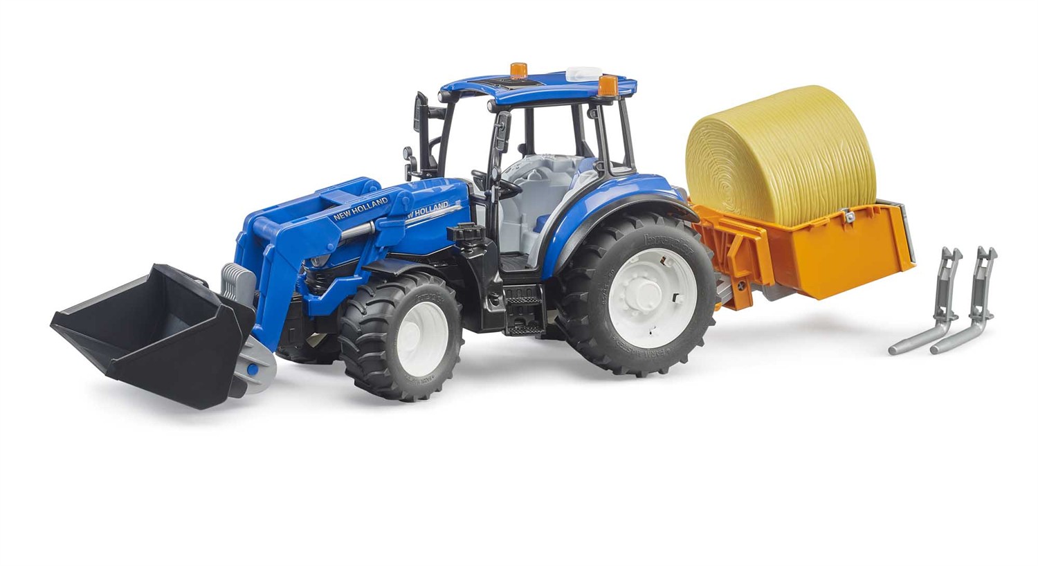 Bruder New Holland T5.120 mit Frontlader, Ladekasten, Gabeln und Rundballen