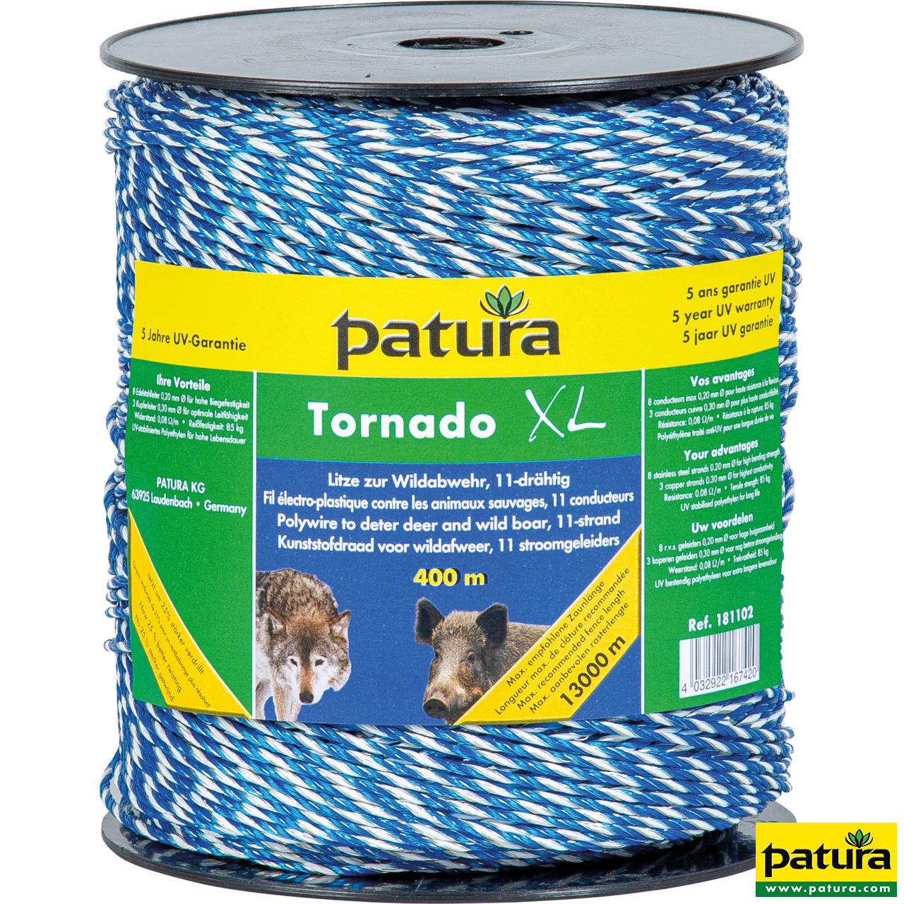 Patura Tornado XL Litze, 400 m Rolle, blau-weiß
