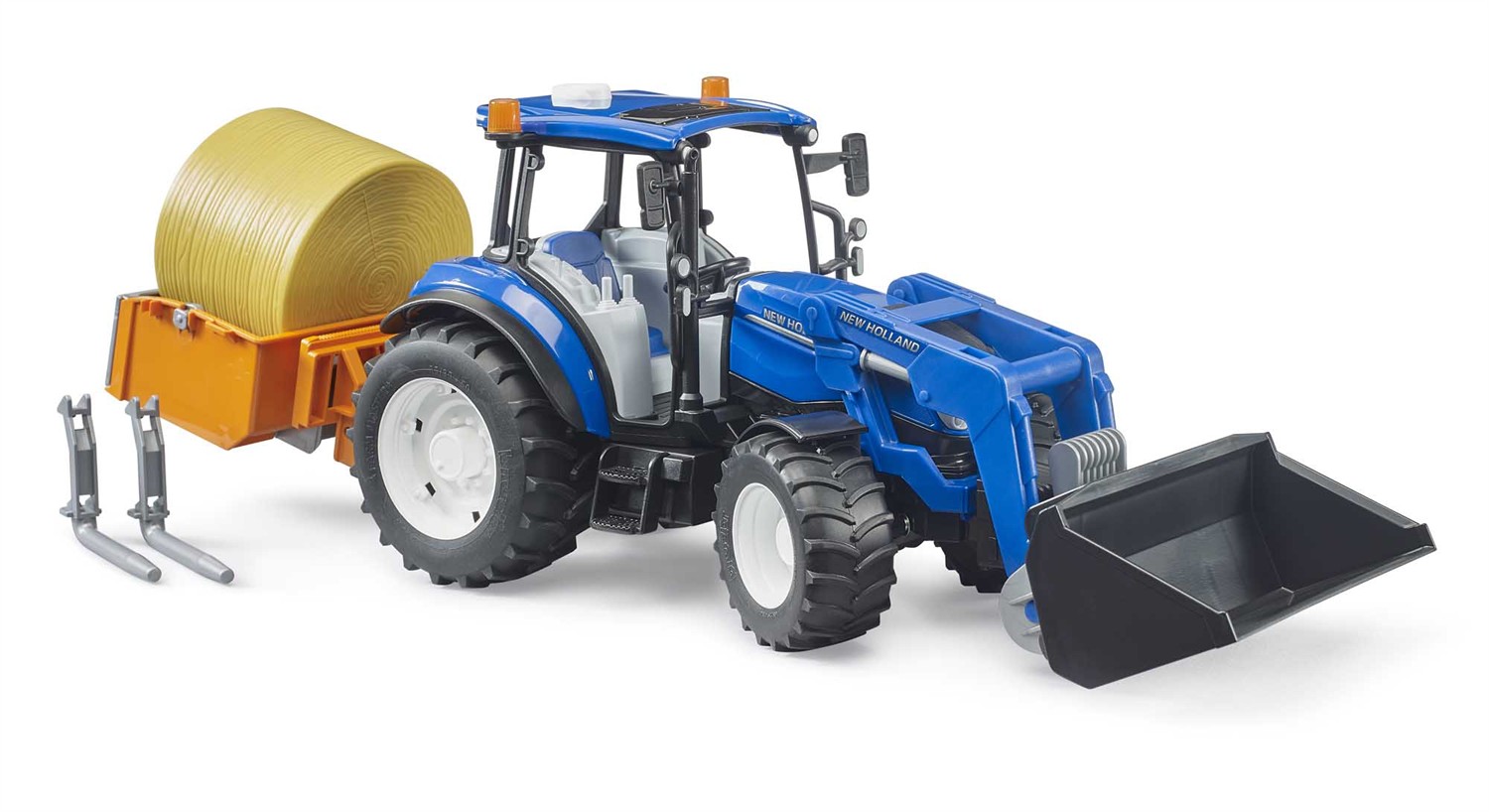 Bruder New Holland T5.120 mit Frontlader, Ladekasten, Gabeln und Rundballen